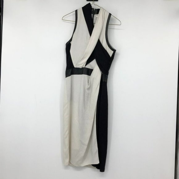 HELMUT LANG TWISTED DRAPE GRAINED VISCOSE LEATHER  TRIM DRESS Black White - Picture 3 of 16